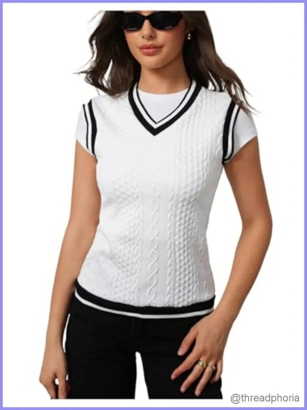 Women's Striped V-Neck Sleeveless Cable Knit Sweater Vest Tank Top